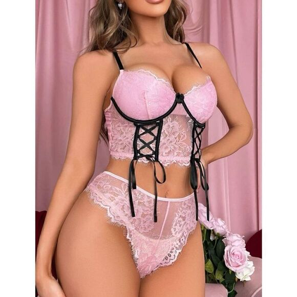 Sexy Floral Lace Pink Embroidered Lingerie Set - Picture 8 of 10